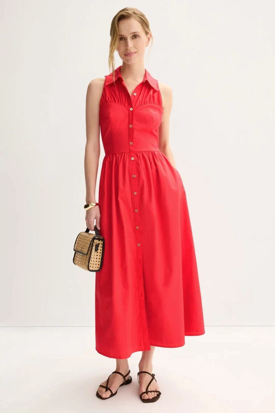 Hutch New Poppy Red Sleeveless Button Front Poplin Vivian Midi Dress XS $275